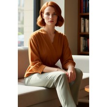 FRM Moda Kruvaze Dokuma Regular Düz Desen Casual Günlük Regular Uzun Kol Bluz