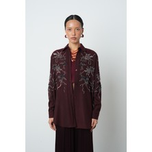 Orfeonegro Kadın Önü Boncuk Işlemeki Bordo Renk Oversize Gömlek