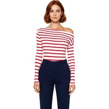 Ersefa Moda Kayık Yaka Örme Slim Çizgili Desen Casual Günlük Regular Uzun Kol Bluz