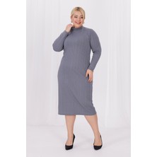 Madwilo Kadın Gri Balıkçı Yaka Esnek Burgu Triko Büyük Beden Elbise