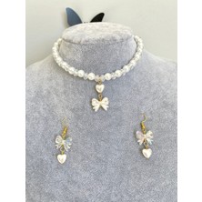 Pinky Lady Incili Parlak Taşlı Gold Coquette Kolye ve Küpe Seti