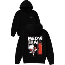 Vsrn Meow Thaı Tasarım Baskılı Oversize Siyah Kapüşonlu Sweatshirt