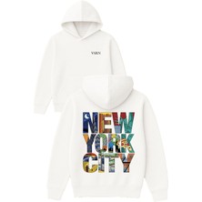 Vsrn New York Cıty Tasarım Baskılı Oversize Beyaz Kapüşonlu Sweatshirt