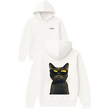 Vsrn Gözlüklü Kedi Tasarım Baskılı Oversize Beyaz Kapüşonlu Sweatshirt