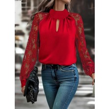 Gökyüzü Moda Kadın Uzun Kollu Göğüs Pencere Detay Yaka Boğazlı Kolları Tüllü Sandy Bluz