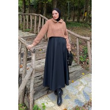 Lamelif Yaka Fermuarlı Crop Triko Kazak Camel
