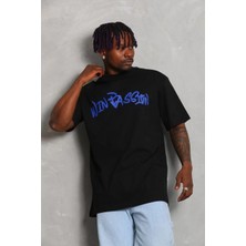 Moda Unisex Oversize Baskılı Bisiklet Yaka T-Shirt - Siyah