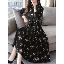 Arben Boutique Kadın Uzun Kollu Hakim Yakalı Düğmeli Kuşaklı Desenli Maxi Mikro Süprem Elbise