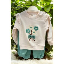 Dinamik çocuk Kız Bebek Papatyalı Fiyonklu 2li Alt Üst Takım Süzene Nakışlı Fitilli 2iplik Mevsimlik 3-6-9-12AY