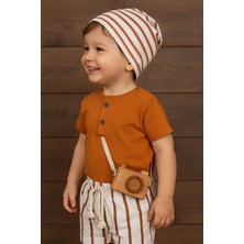 Dinamik çocuk Çizgili Şapkalı Düğme Detaylı Omuzdan Çıtçıtlı Yazlık Erkek Bebek Takımı