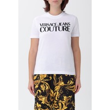 Versace Kadın Regular Fit Yazı Logolu Bisiklet Yaka T-Shirt - Beyaz