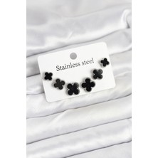 Claris 316L Çelik Gümüş Siyah Renk 3 Boy Yonca Küpe Seti