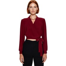 Ersefa Stil Kadın Kruvaze Kapamalı Esnek Bluz Crop Örme Regular Kalıp Balon Kol