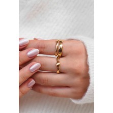 Trend Collection Modern Kıvrımlı Dalga Formlu Parlak Altın Kadın Yüzük Seti