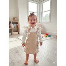 Şimo Butik Çilek Işlemeli Bebe Yaka Fırfırlı Kız Çocuk Salopet Takımı Jile Taş Rengi Fitilli Kadife