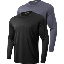 Ghassy Co. 2'li Paket Erkek %100 Pamuklu Likralı Spor Koşu Günlük Antrenman Uzun Kollu Penye T-Shirt