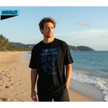 Hena Summer Vacation Mood Siyah Oversize Unisex Baskılı Pamuklu Tişört