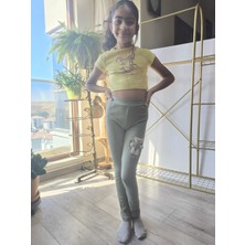 Şimo Butik Kız Çocuk Tayt Kışlık Pamuklu Beli Lastikli Oyuncak Ayılı Yeşil