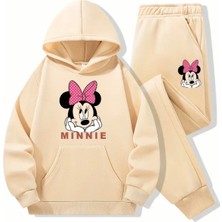 Punix Kids Punıx Kıds Özel Tasarım Kapüşonlu Pembe Kurdeleli Minnie Baskılı %100 Pamuk Kışlık Kız Çocuk Eşofman Takımı