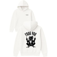 Vsrn Frog You Tasarım Baskılı Oversize Beyaz Kapüşonlu Sweatshirt