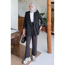 Lamelif Çizgili Astarlı Tesettür Ceket Siyah