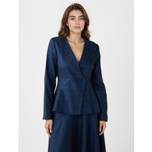 Jimmy Key Lacivert Dar Kesim Ekose Desenli Dokuma Ceket