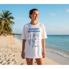Hena Summer Vacation Mood Beyaz Oversize Unisex Baskılı Pamuklu Tişört