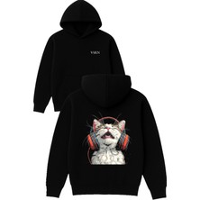 Vsrn Müzik Dinleyen Kedi Tasarım Baskılı Oversize Siyah Kapüşonlu Sweatshirt