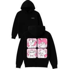 Vsrn Tatlı Güzel Kedi Tasarım Baskılı Oversize Siyah Kapüşonlu Sweatshirt