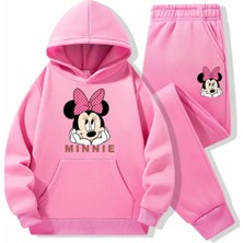 Punix Kids Punıx Kıds Özel Tasarım Kapüşonlu Pembe Kurdeleli Minnie Baskılı %100 Pamuk Kışlık Kız Çocuk Eşofman Takımı