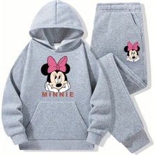 Punix Kids Punıx Kıds Özel Tasarım Kapüşonlu Pembe Kurdeleli Minnie Baskılı %100 Pamuk Kışlık Kız Çocuk Eşofman Takımı