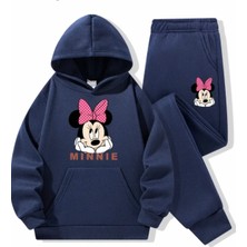 Punix Kids Punıx Kıds Özel Tasarım Kapüşonlu Pembe Kurdeleli Minnie Baskılı %100 Pamuk Kışlık Kız Çocuk Eşofman Takımı