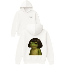 Tatlı Güzel Kurbağa Tasarım Baskılı Oversize Beyaz Kapüşonlu Sweatshirt