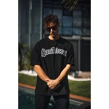 Moda Unisex Bisiklet Yaka Baskılı Oversize T-Shirt - Siyah