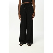 Orfeonegro Kadın Beli Lastikli Bol Paça Siyah Desenli Pantolon