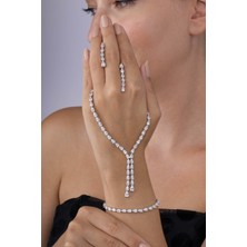 Gümüş Pazarım Pırlanta Montür Su Damlası Motifli Ful Taşlı 925 Ayar Gümüş Düğün Seti