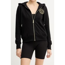 Versace Kadın Regular Fit Altın Rengi Nakışlı V Amblemli Kapüşonlu Fermuarlı Sweatshirt - Siyah/gold