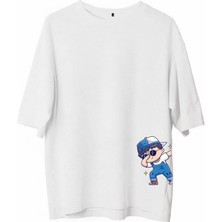 Moda Unisex Bisiklet Yaka Baskılı Oversize T-Shirt - Beyaz