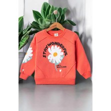 Dinamik çocuk Papatya Baskılı Kız Çocuk 3iplik Şardonlu Kalın Sweatshirt Tek Üst Kışlık Eşofman 1-2-3-4yaş
