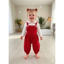 Şimo Butik Bebe Yaka Fırfır Detaylı Fitilli Kadife Kız Çocuk Salopet Takımı Tulumlu