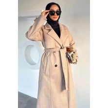 Julude Çift Cepli Bel Kuşak Detaylı Tesettür Kaşe Kaban P-00018940