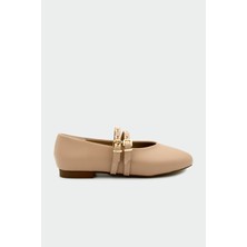Laminta Pari Nude Deri Gold Tokalı Babet