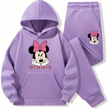 Punix Kids Punıx Kıds Özel Tasarım Kapüşonlu Pembe Kurdeleli Minnie Baskılı %100 Pamuk Kışlık Kız Çocuk Eşofman Takımı