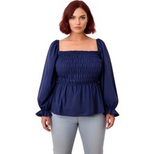 Ersefa Kadın Dokuma Bluz Kare Yaka Büzgülü Kol Crop Boy A Line Siluet Feminine Şıklık Ilkbahar