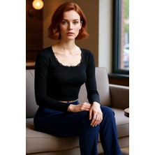 FRM Kadın Kare Yaka Dantelli Crop Uzun Kollu Örme Bluz Kaliteli Şık Rahat Modern Zarif Günlük