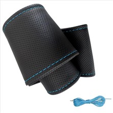 Deri Dikme Direksiyon Kılıfı Siyah Açık Mavi Dikişli