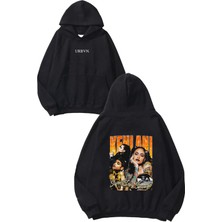 Urbvn Kehlani Tasarım Baskılı Oversize Siyah Kapüşonlu Sweatshirt
