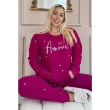 Mürdüm Amour Desenli Kanguru Cepli Peluş Polar Pijama Takımı
