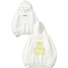 Urbvn Trust God Tasarım Baskılı Oversize Beyaz Kapüşonlu Sweatshirt
