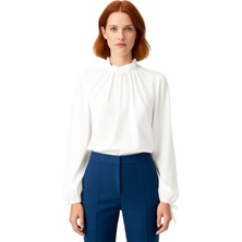 Ersefa Kadın Melfi Dokuma Bluz Dik Yaka ve Balon Kol Detaylı Şık Tasarım Kaliteli Şık Rahat Modern